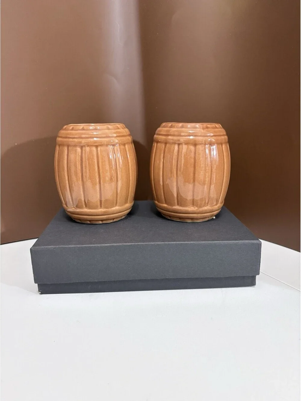 Vintage Orchids of Hawaii Brown Ceramic Rum Barrel Tiki Mugs Set of 2